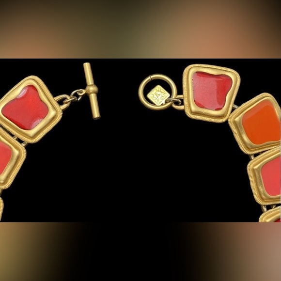 Vintage Anne Klein matte gold pink orange enamel necklace square link - Picture 4 of 4